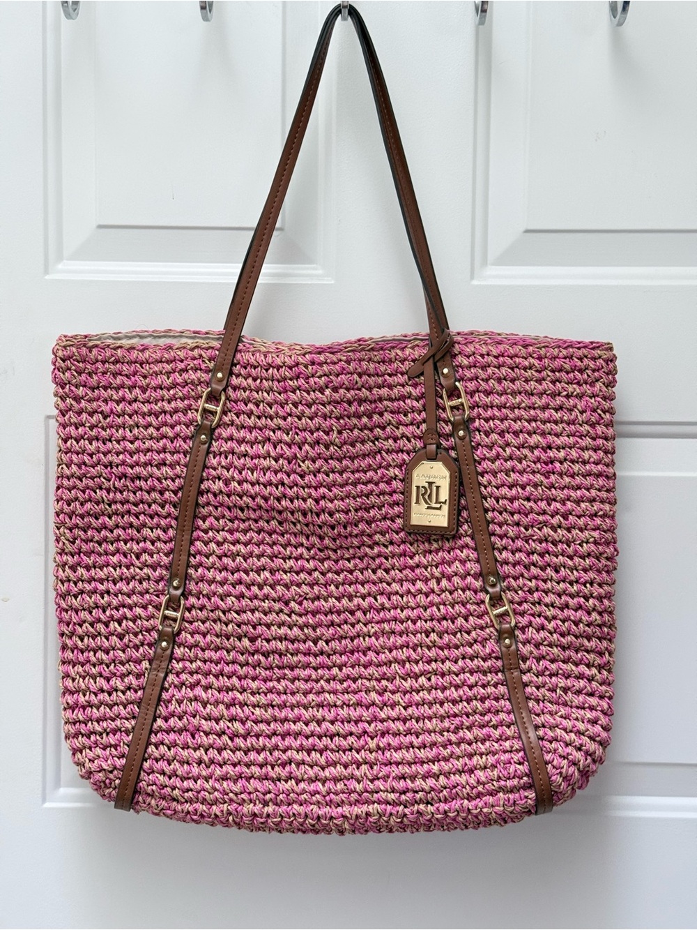 Lauren Ralph Lauren Woven Straw Tote Pink Tan Beige Large Shoulder Bag NWOT